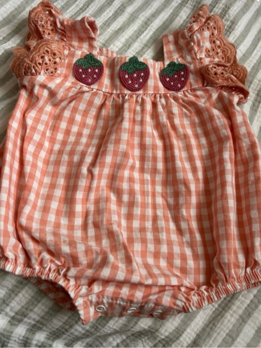 Baby Girls Peach Gingham Strawberry Romper